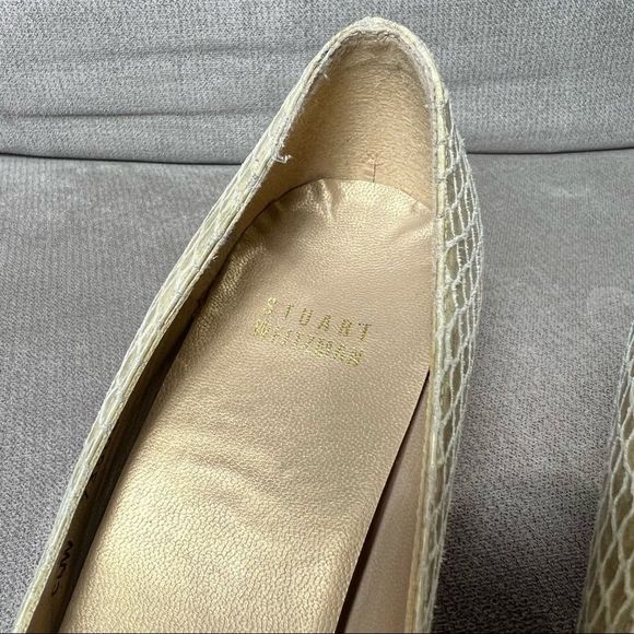 STUART WEITZMAN Size 7.5 Leather Snakeskin Light Green Wedge Wood Heel - Picture 9 of 11